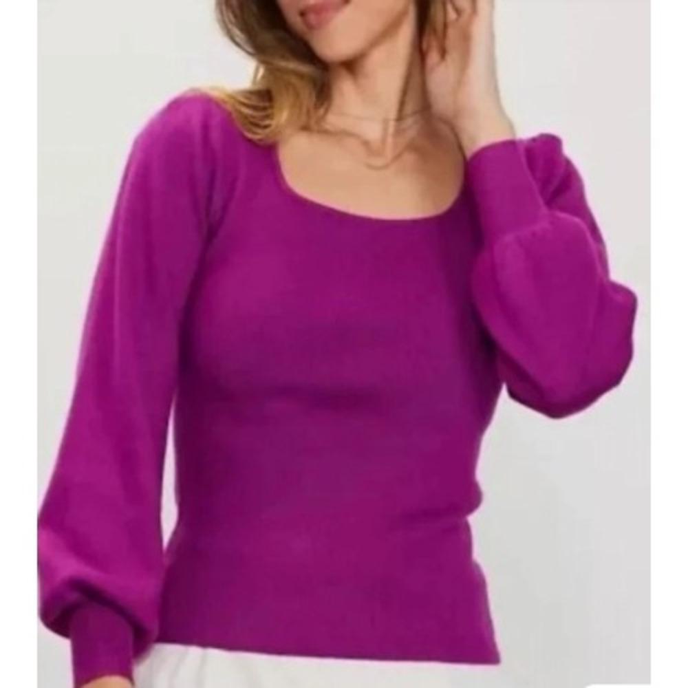 NWT Skies Are Blue Leah Orchid Fuchsia Square Neck Balloon Sleeve Sweater XL